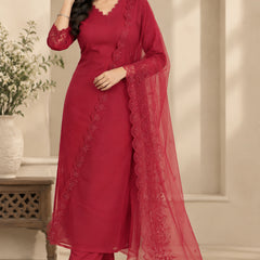 Stylum Women's Red Solid Silk Straight Kurta Pant Dupatta Set (KPDREDURBAN)