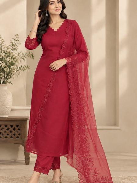 Stylum Women's Red Solid Silk Straight Kurta Pant Dupatta Set (KPDREDURBAN)
