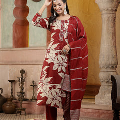 Stylum Women's Red Tropical Printed Muslin Straight Silk Kurta Pant Dupatta Set (KPDREDWESTIE)
