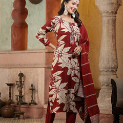 Stylum Women's Red Tropical Printed Muslin Straight Silk Kurta Pant Dupatta Set (KPDREDWESTIE)