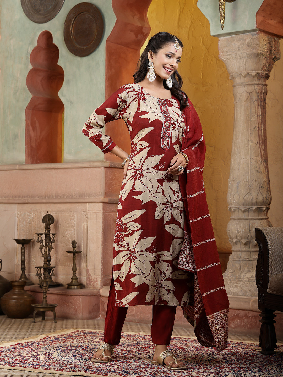 Stylum Women's Red Tropical Printed Muslin Straight Silk Kurta Pant Dupatta Set (KPDREDWESTIE)