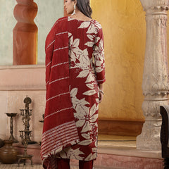 Stylum Women's Red Tropical Printed Muslin Straight Silk Kurta Pant Dupatta Set (KPDREDWESTIE)
