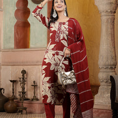 Stylum Women's Red Tropical Printed Muslin Straight Silk Kurta Pant Dupatta Set (KPDREDWESTIE)