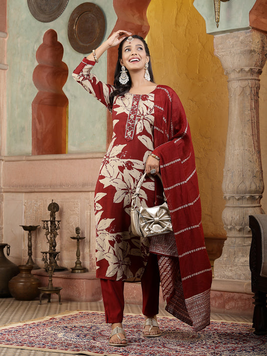 Stylum Women's Red Tropical Printed Muslin Straight Silk Kurta Pant Dupatta Set (KPDREDWESTIE)