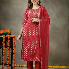 Stylum Women's Bandhej Printed & Embroidered Rayon Straight Kurta Pant Dupatta Set (KPDROSEAMAZE)