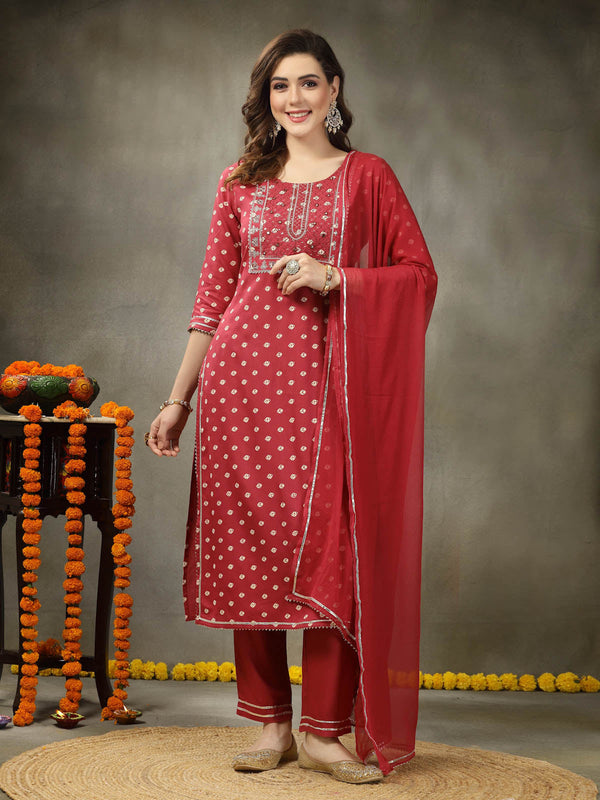 Stylum Women's Bandhej Printed & Embroidered Rayon Straight Kurta Pant Dupatta Set (KPDROSEAMAZE)