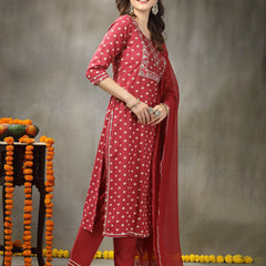 Stylum Women's Bandhej Printed & Embroidered Rayon Straight Kurta Pant Dupatta Set (KPDROSEAMAZE)