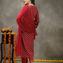 Stylum Women's Bandhej Printed & Embroidered Rayon Straight Kurta Pant Dupatta Set (KPDROSEAMAZE)