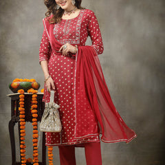 Stylum Women's Bandhej Printed & Embroidered Rayon Straight Kurta Pant Dupatta Set (KPDROSEAMAZE)