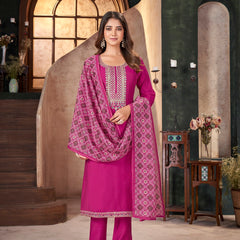 Stylum Women's Rose Solid & Embroidered Silk Straight Kurta Pant Dupatta Set (KPDROSEFOGAT)