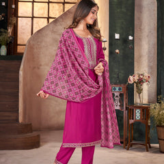 Stylum Women's Rose Solid & Embroidered Silk Straight Kurta Pant Dupatta Set (KPDROSEFOGAT)