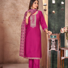 Stylum Women's Rose Solid & Embroidered Silk Straight Kurta Pant Dupatta Set (KPDROSEFOGAT)