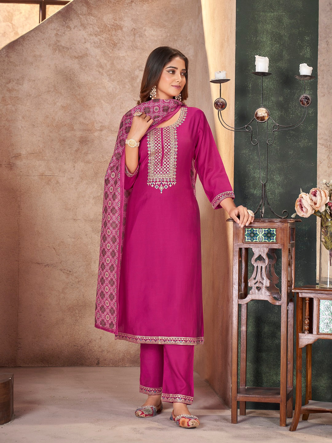 Stylum Women's Rose Solid & Embroidered Silk Straight Kurta Pant Dupatta Set (KPDROSEFOGAT)