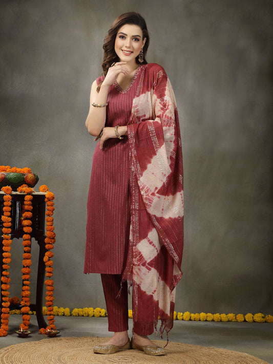 Rose Wine Straight Kurta Pant Dupatta Set