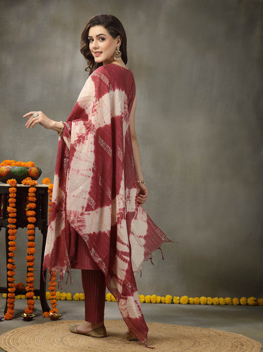 Women's Woven Designed Cotton Blend Straight Kurta Pant Dupatta Set (KPDROSEJERICO)