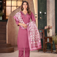 Stylum Women's Rose Pink Solid & Embroidered Silk Blend Straight Kurta Pant Dupatta Set (KPDROSEMINATI)