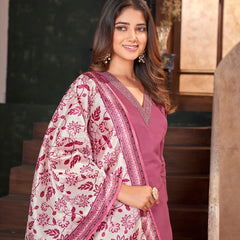 Stylum Women's Rose Pink Solid & Embroidered Silk Blend Straight Kurta Pant Dupatta Set (KPDROSEMINATI)