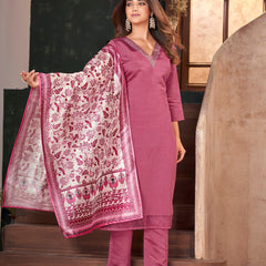 Stylum Women's Rose Pink Solid & Embroidered Silk Blend Straight Kurta Pant Dupatta Set (KPDROSEMINATI)