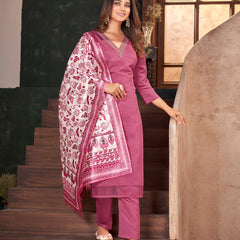 Stylum Women's Rose Pink Solid & Embroidered Silk Blend Straight Kurta Pant Dupatta Set (KPDROSEMINATI)