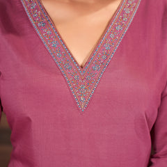 Stylum Women's Rose Pink Solid & Embroidered Silk Blend Straight Kurta Pant Dupatta Set (KPDROSEMINATI)