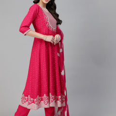 Stylum Women's Printed & Embroidered Rayon Anarkali Kurta Pant Dupatta Set (KPDRUBYSTAR)
