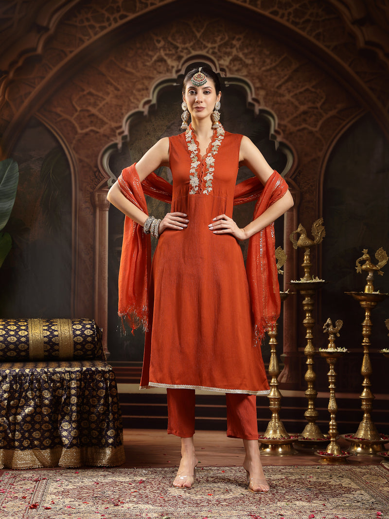 Stylum Women's Rust Solid & Embroidered Crepe A-Line Kurta Pant Dupatta Set (KPDRUSTAESTHIC)