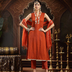 Stylum Women's Rust Solid & Embroidered Crepe A-Line Kurta Pant Dupatta Set (KPDRUSTAESTHIC)
