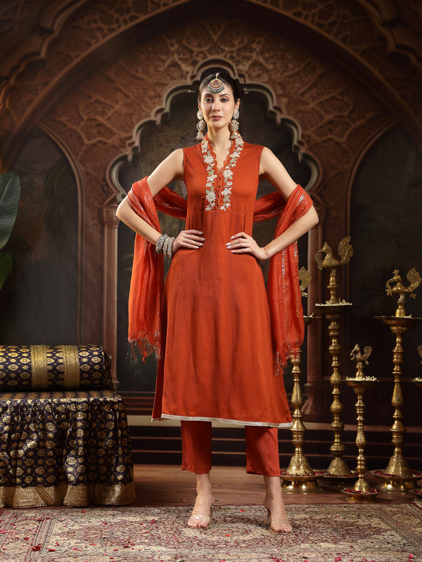 Stylum Women's Rust Solid & Embroidered Crepe A-Line Kurta Pant Dupatta Set (KPDRUSTAESTHIC)
