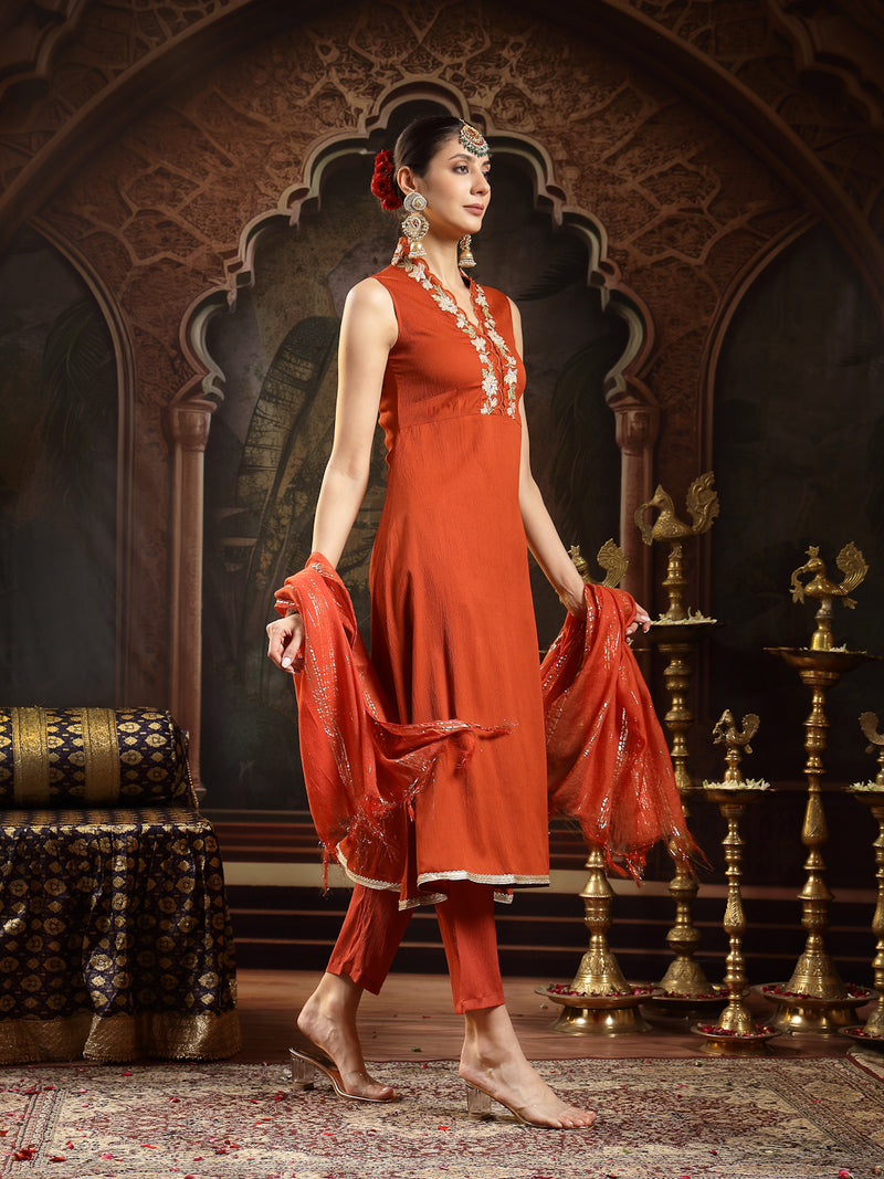 Stylum Women's Rust Solid & Embroidered Crepe A-Line Kurta Pant Dupatta Set (KPDRUSTAESTHIC)