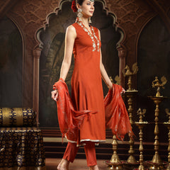Stylum Women's Rust Solid & Embroidered Crepe A-Line Kurta Pant Dupatta Set (KPDRUSTAESTHIC)