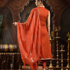 Stylum Women's Rust Solid & Embroidered Crepe A-Line Kurta Pant Dupatta Set (KPDRUSTAESTHIC)