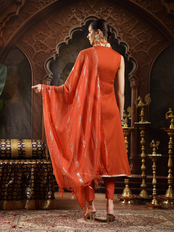 Stylum Women's Rust Solid & Embroidered Crepe A-Line Kurta Pant Dupatta Set (KPDRUSTAESTHIC)