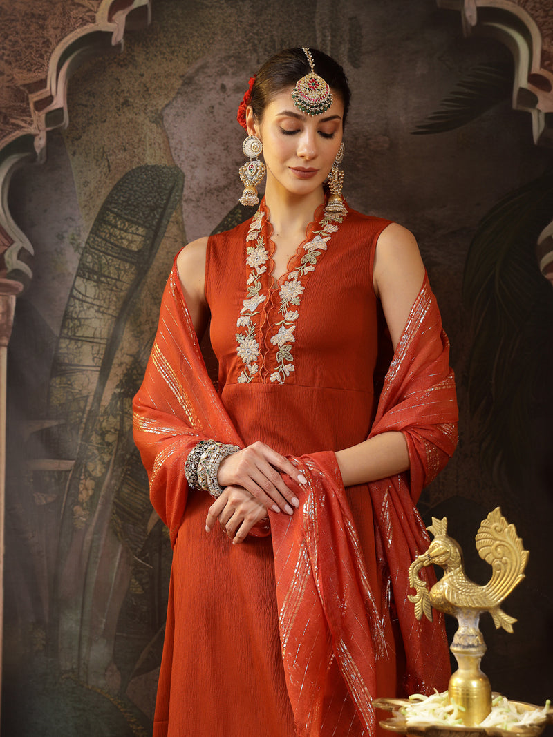Stylum Women's Rust Solid & Embroidered Crepe A-Line Kurta Pant Dupatta Set (KPDRUSTAESTHIC)