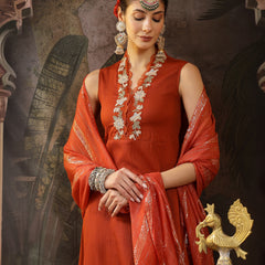 Stylum Women's Rust Solid & Embroidered Crepe A-Line Kurta Pant Dupatta Set (KPDRUSTAESTHIC)