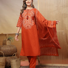 Stylum Women's Rust Bandhej Printed & Embroidered Cotton Straight Kurta Pant Dupatta Set (KPDRUSTBAZZI)