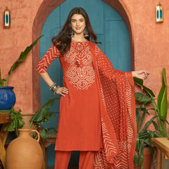 Stylum Women's Rust Bandhej Printed & Embroidered Cotton Straight Kurta Pant Dupatta Set (KPDRUSTBAZZI)