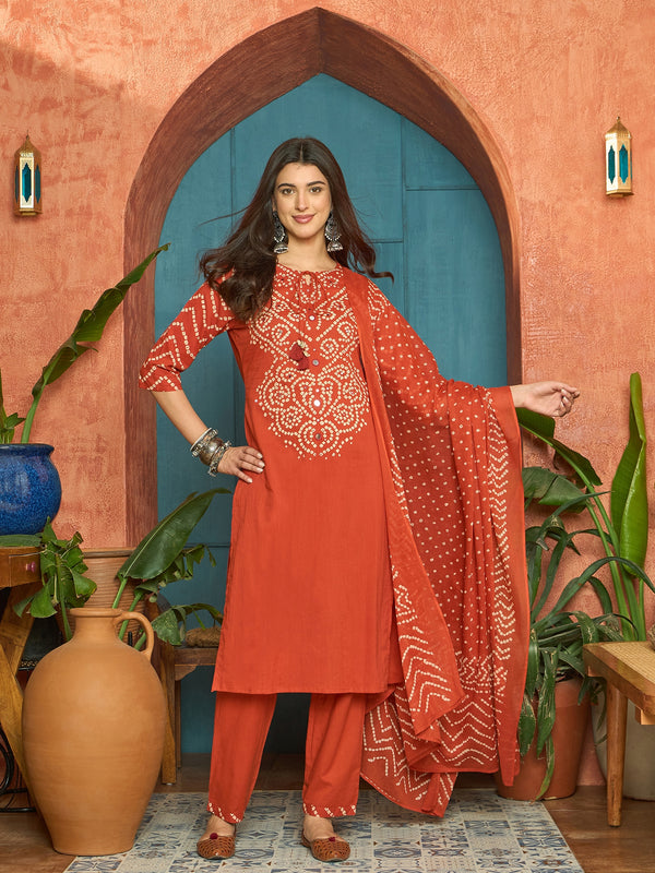 Stylum Women's Rust Bandhej Printed & Embroidered Cotton Straight Kurta Pant Dupatta Set (KPDRUSTBAZZI)