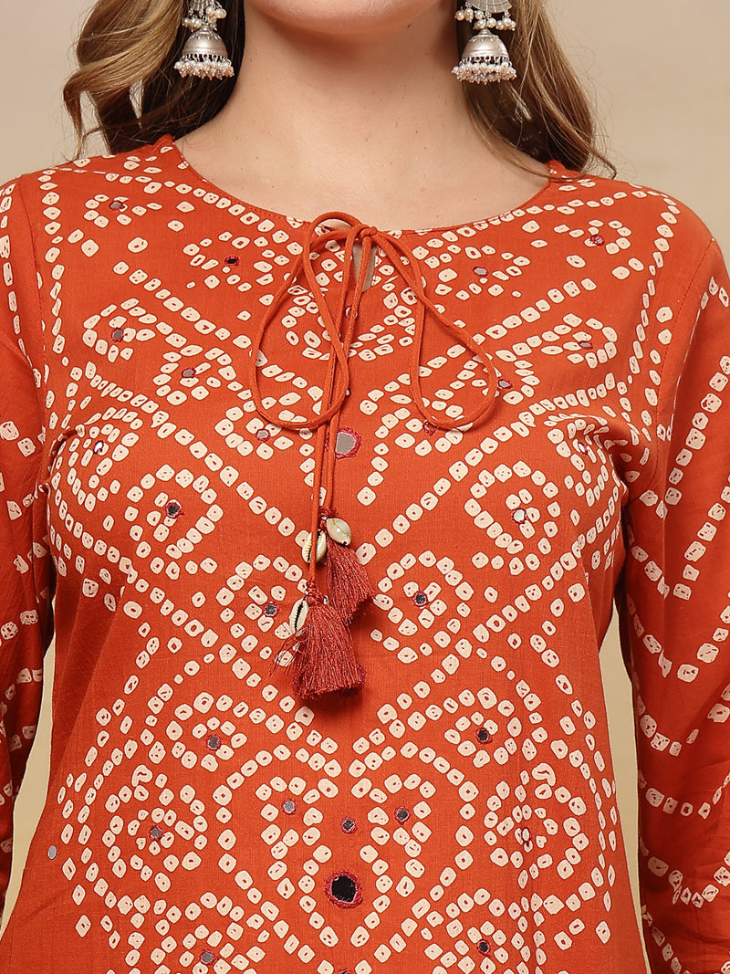 Stylum Women's Rust Bandhej Printed & Embroidered Cotton Straight Kurta Pant Dupatta Set (KPDRUSTBAZZI)