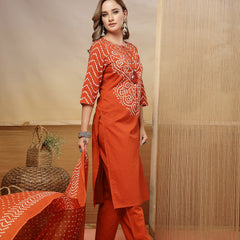 Stylum Women's Rust Bandhej Printed & Embroidered Cotton Straight Kurta Pant Dupatta Set (KPDRUSTBAZZI)
