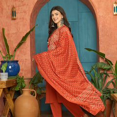 Stylum Women's Rust Bandhej Printed & Embroidered Cotton Straight Kurta Pant Dupatta Set (KPDRUSTBAZZI)