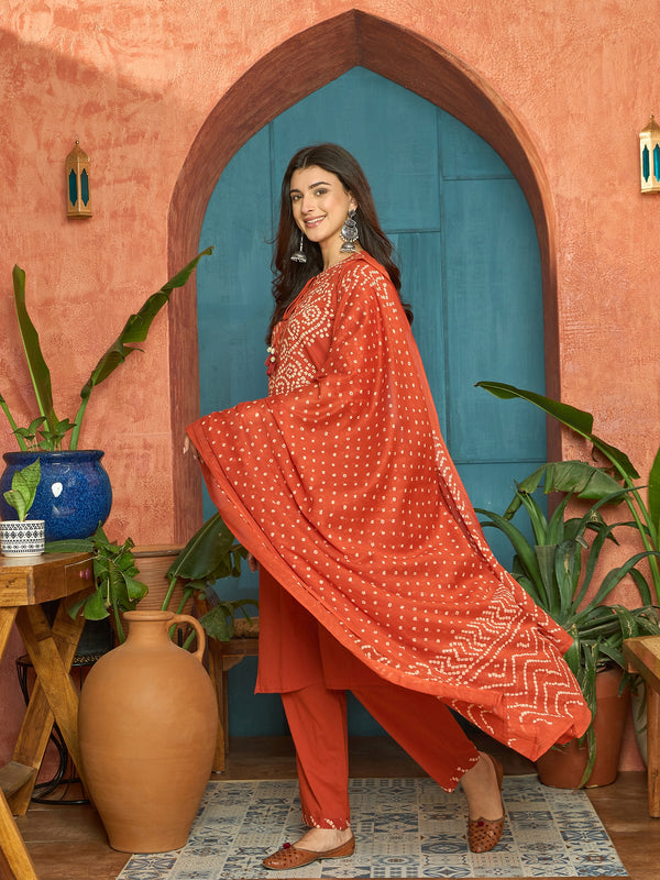 Stylum Women's Rust Bandhej Printed & Embroidered Cotton Straight Kurta Pant Dupatta Set (KPDRUSTBAZZI)