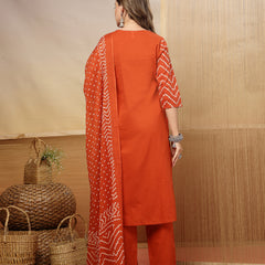 Stylum Women's Rust Bandhej Printed & Embroidered Cotton Straight Kurta Pant Dupatta Set (KPDRUSTBAZZI)