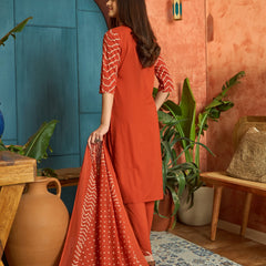 Stylum Women's Rust Bandhej Printed & Embroidered Cotton Straight Kurta Pant Dupatta Set (KPDRUSTBAZZI)