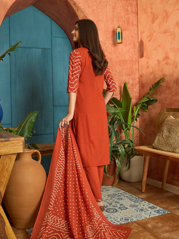 Stylum Women's Rust Bandhej Printed & Embroidered Cotton Straight Kurta Pant Dupatta Set (KPDRUSTBAZZI)