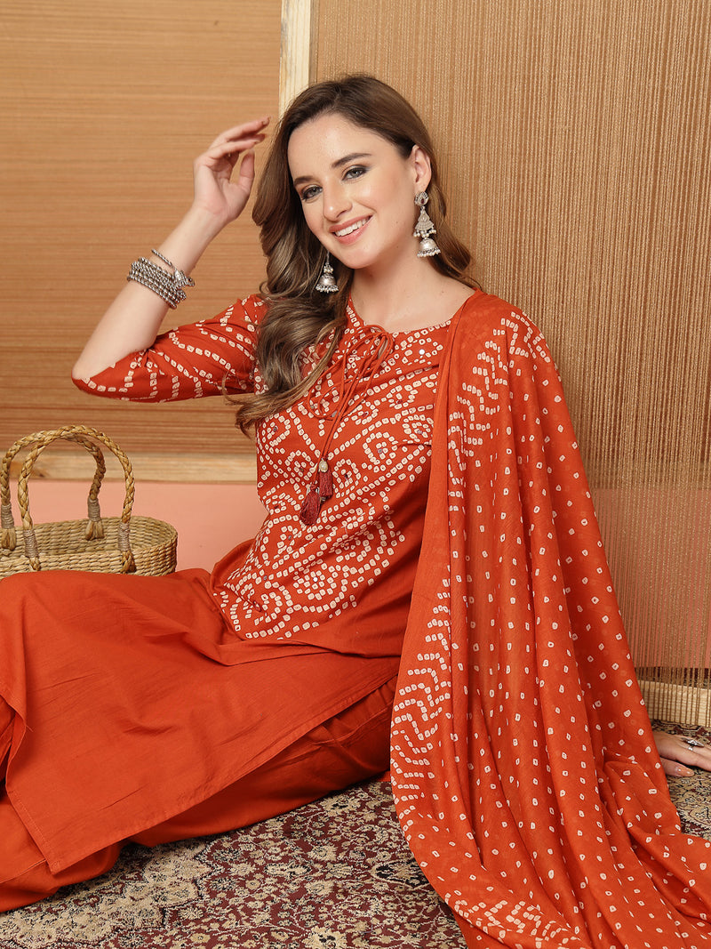 Stylum Women's Rust Bandhej Printed & Embroidered Cotton Straight Kurta Pant Dupatta Set (KPDRUSTBAZZI)