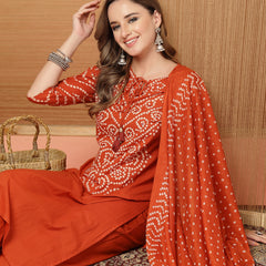 Stylum Women's Rust Bandhej Printed & Embroidered Cotton Straight Kurta Pant Dupatta Set (KPDRUSTBAZZI)