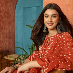 Stylum Women's Rust Bandhej Printed & Embroidered Cotton Straight Kurta Pant Dupatta Set (KPDRUSTBAZZI)