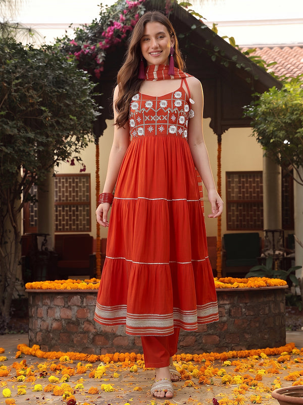 Stylum Women's Rust Solid & Embroidered Rayon Tiered Kurta Pant Dupatta Set (KPDRUSTCAMBRIDGE)
