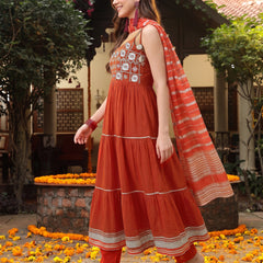 Stylum Women's Rust Solid & Embroidered Rayon Tiered Kurta Pant Dupatta Set (KPDRUSTCAMBRIDGE)