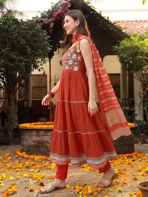 Stylum Women's Rust Solid & Embroidered Rayon Tiered Kurta Pant Dupatta Set (KPDRUSTCAMBRIDGE)